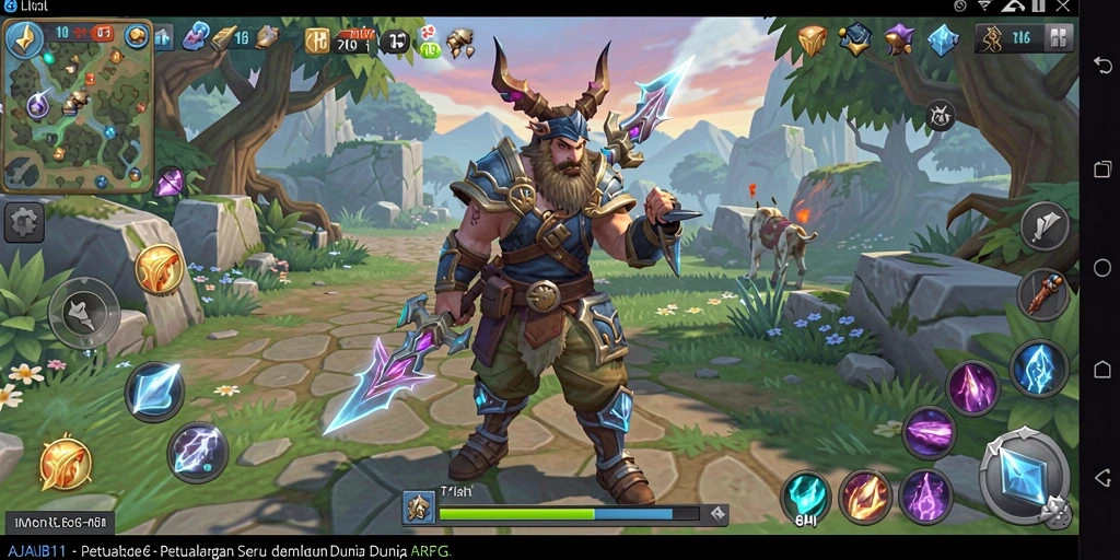 Screenshot gameplay AJAIB11 menampilkan karakter bertarung di lanskap yang indah.