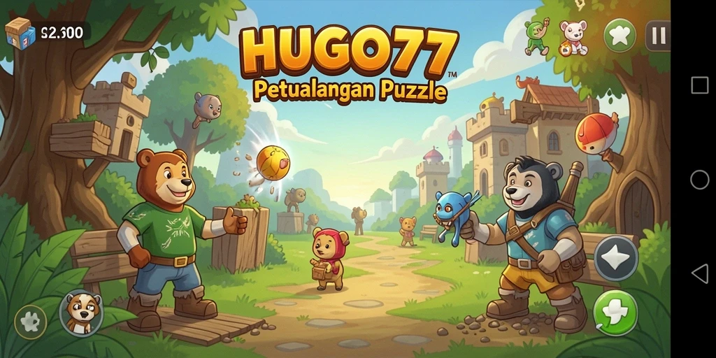 Tampilan gameplay HUGO77 yang penuh warna dalam teka-teki menarik.
