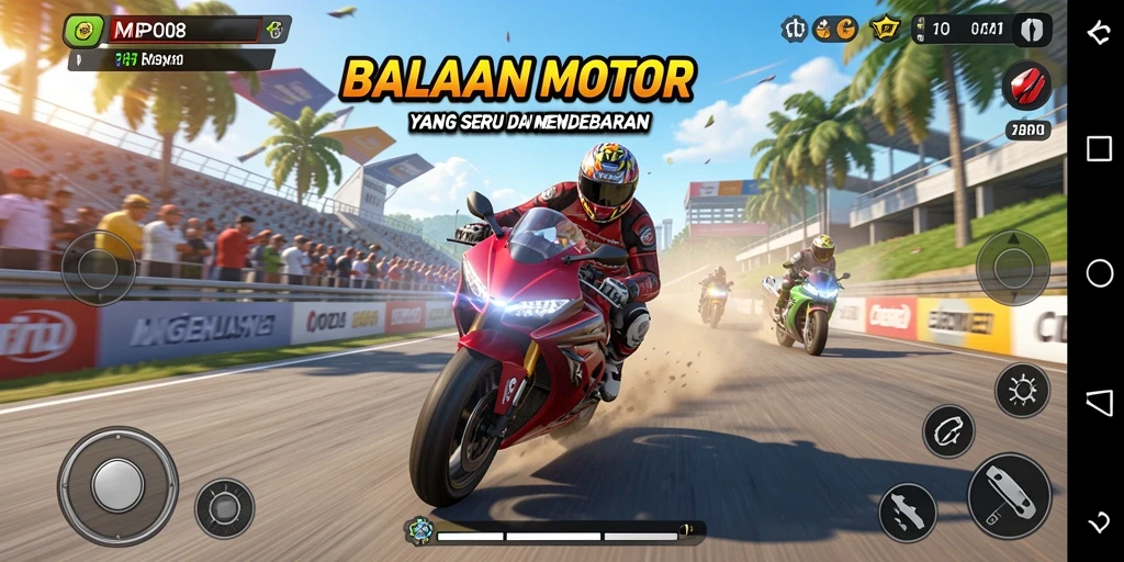 Screenshot gameplay MPO08 menampilkan balapan motor yang mendebarkan di lintasan.